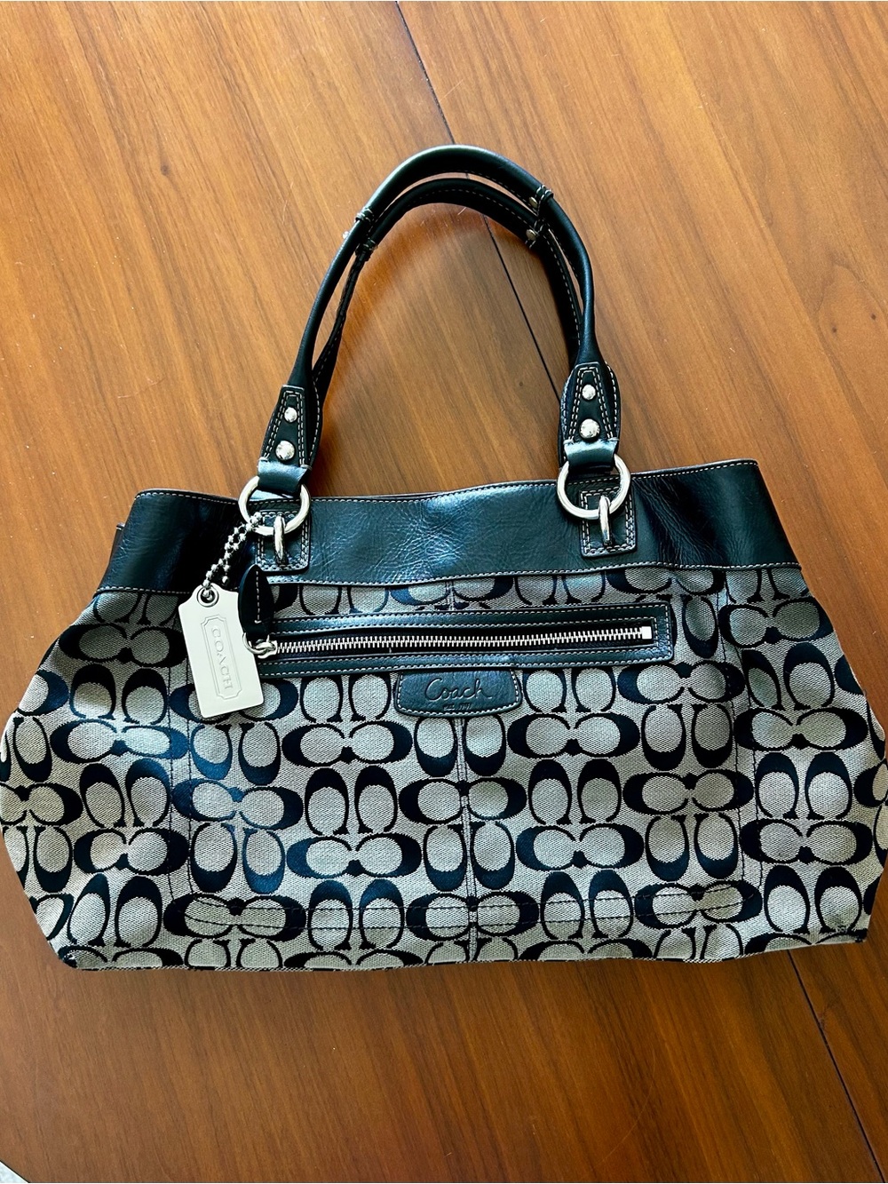 Coach Penelope Signature Black and Khaki Jacquard Shopper Tote Signature